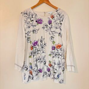 J. Jill Shirt Womens Large Linen Blend Floral Embroidered Top Botanical Gardens